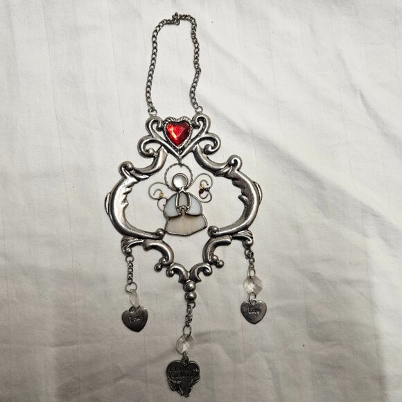 VINTAGE RED HEART WITH STAIN GLASS ANGEL Hanging Ornament “Love You Mom” - Picture 1 of 8
